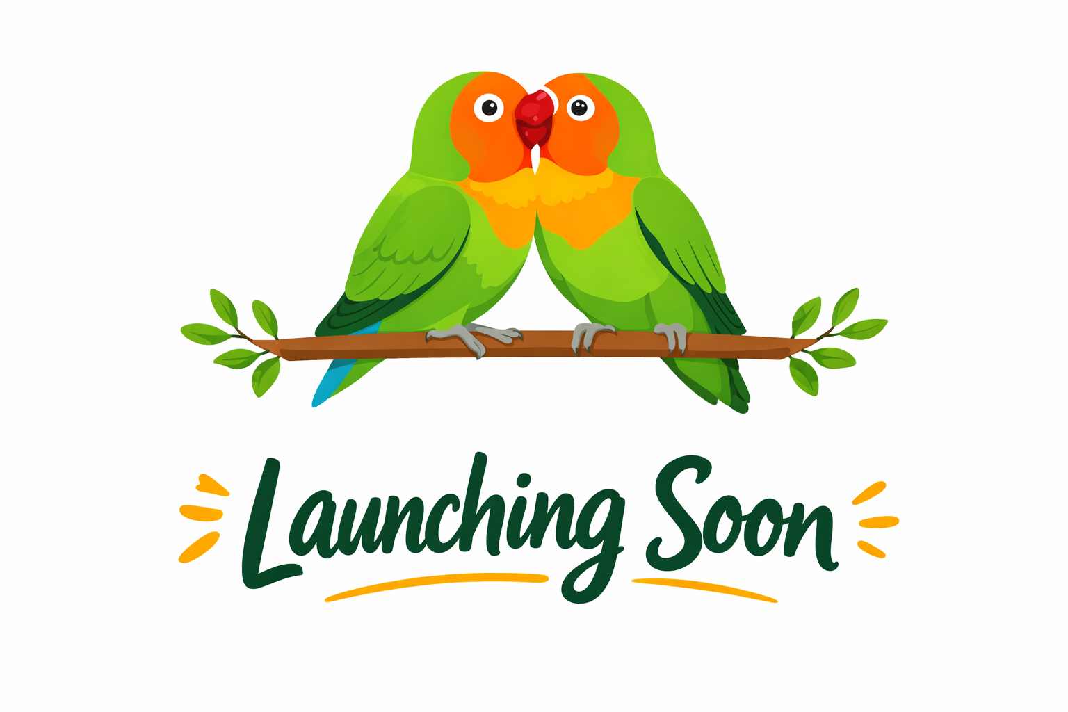 Couple de perruches avec le texte Launching Soon